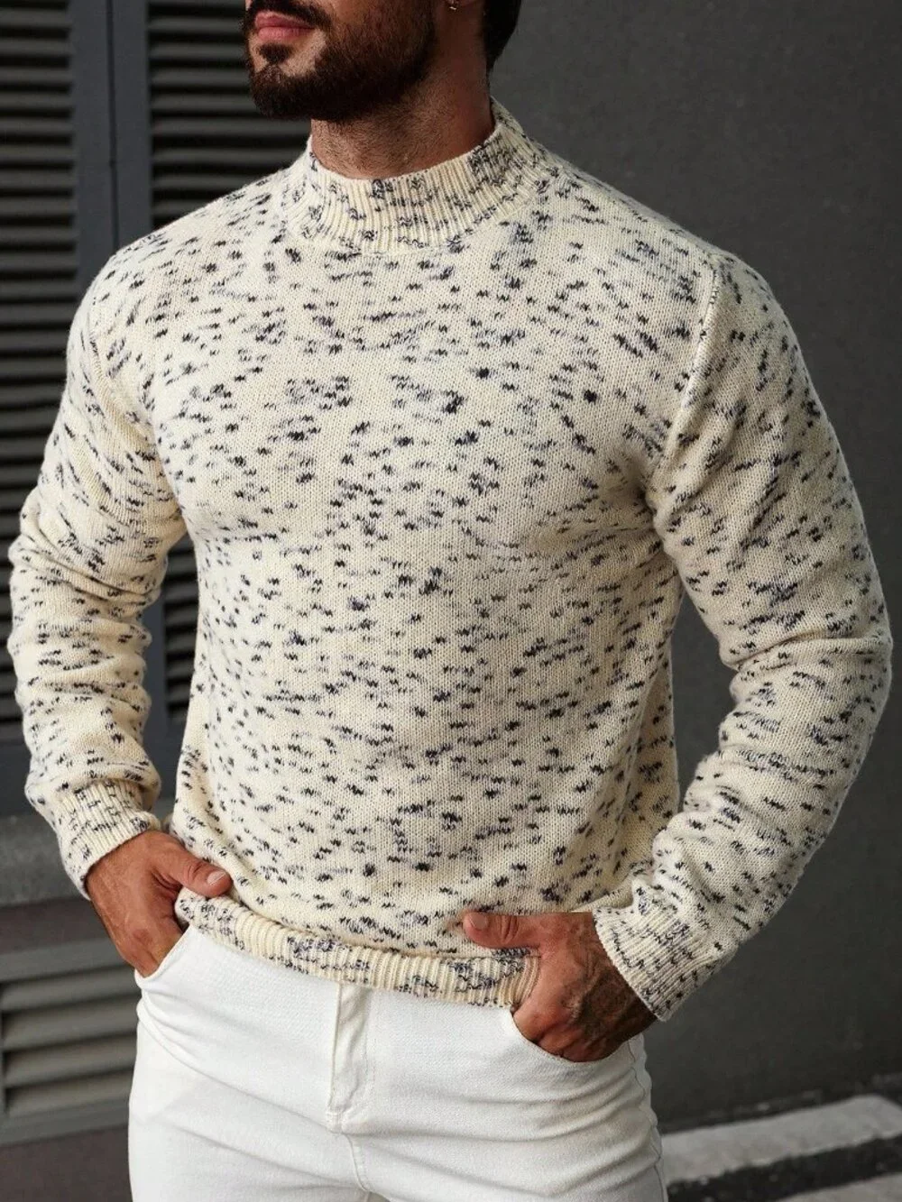 Multicolor Men's Stand Collar Rib-Knit Drop Sleeve Sweater